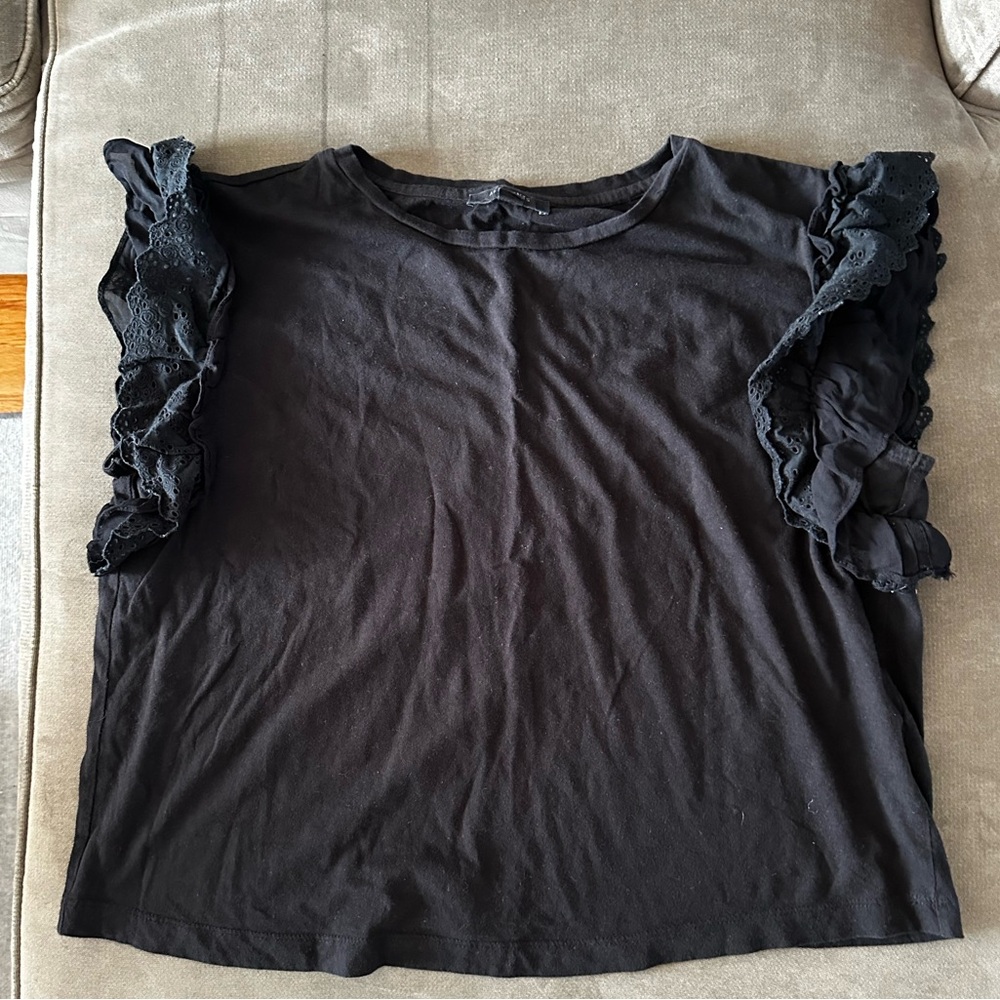 All Saints Black Ruffle Sleeve Tee L